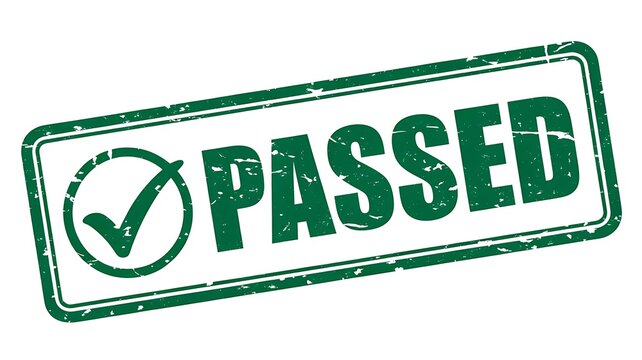 Passed stamp with checkmark symbol indicating approval success and verification completion concept