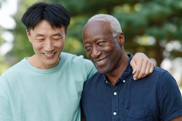 Fototapeta premium Younger man putting arm around older man while both smile outdoors
