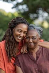 Naklejka premium Young woman and older woman smiling together in park