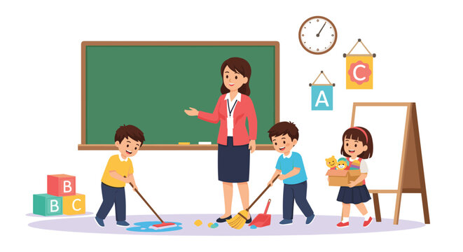 Female teacher supervising young students as they clean their classroom by sweeping and organizing toys near a large chalkboard.
