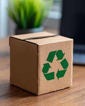 Small Cardboard Box with Recycling Symbol on a Wooden Desk in Modern Office Environment
