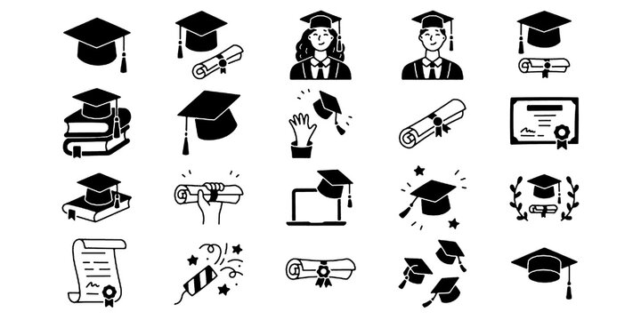 Graduation Icons Set Cap Diploma Education Success Student Celebration Doodle Line Vector Illustration