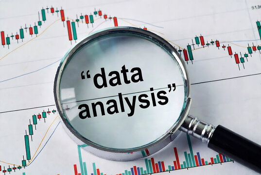 A magnifying glass over the word "data analysis" superimposed on a stock market chart.