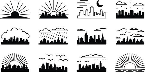 Naklejka premium Skyline View Silhouette Icon Collection Set