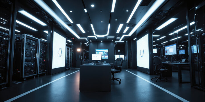 High-Tech Data Processing Lab A modern data processing laboratory filled with server racks, network equipment, and advanced computing stations.