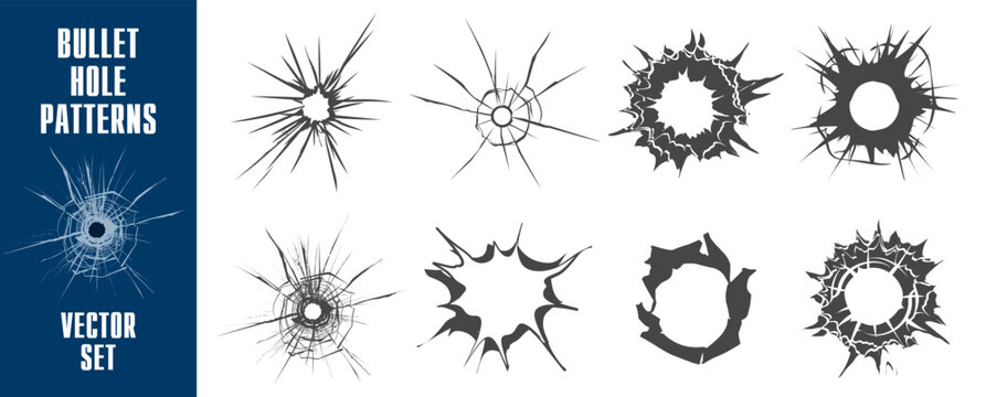 Bullet hole impact on broken shattered glass texture on transparent background