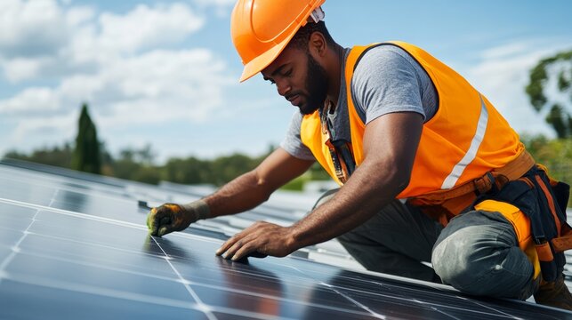 Solar panel installation by skilled technician in urban environment high-quality content bright daylight action-oriented viewpoint