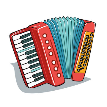 Red accordion with blue bellows and black and white keys, musical instrument illustration