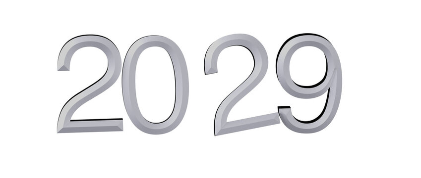 Modern metallic 3D rendering of the numbers 2029 isolated on a white background, representing the fu