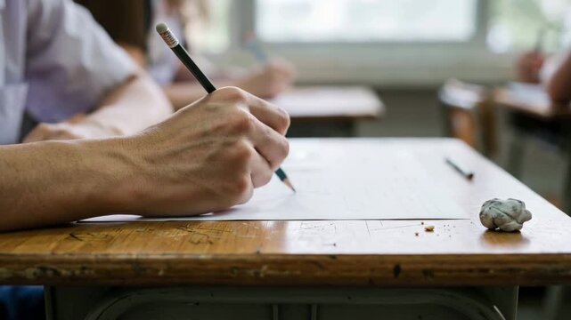 Focused Student Hand Writing Exam Answers with Pencil on Test Paper in a Classroom Setting