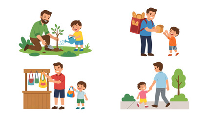 Fototapeta premium Father and Son Bonding Moments: A four-panel illustration depicting cherished moments between a father and his son.