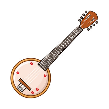 Illustration of a four stringed banjo with a round wooden body and light colored skin on a white background