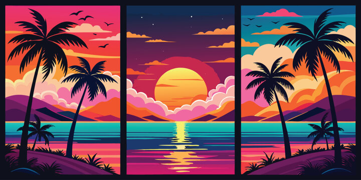 Colorful pixel art sunset with palm trees and ocean waves