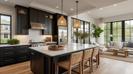 Fototapeta premium Modern Kitchen Island: A sleek and contemporary kitchen island with a marble countertop and woven stool seating is the centerpiece of a well-lit, open-plan living space.