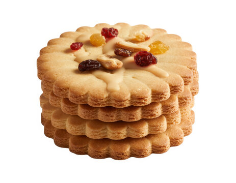 Stack of round shortbread cookies topped with dried raisins on a clean white background