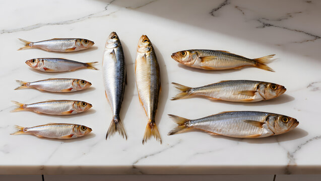 Fresh Sardines and Mackerel Fish Arranged on White Marble Surface