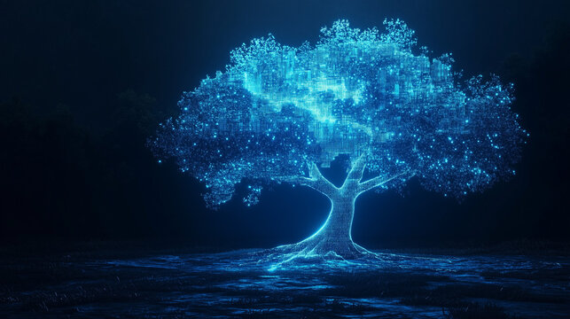 Digital Dreamscape Tree: A captivating digital rendering of a luminous tree, its branches and leaves illuminated against a deep, dark backdrop, representing the fusion of technology and nature.