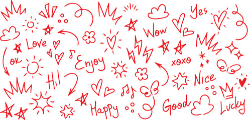 Red hand-drawn doodles and text elements with elements lightning collection illustration template creative celebration expression greeting positive feedback communication background © MdALAminmia