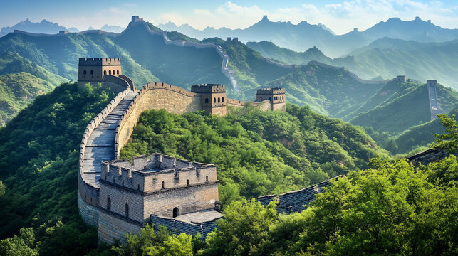 Majestic Great Wall Amidst Lush Hills: A breathtaking panoramic view of the iconic Great Wall of China snakes through verdant, rolling hills, embodying history, heritage.