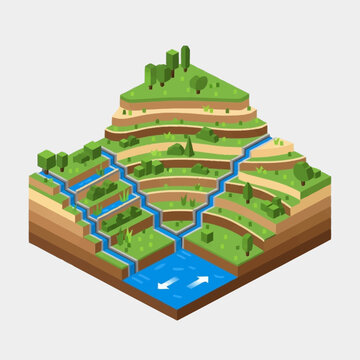 Illustration of a watershed and water cycle on a mountain.