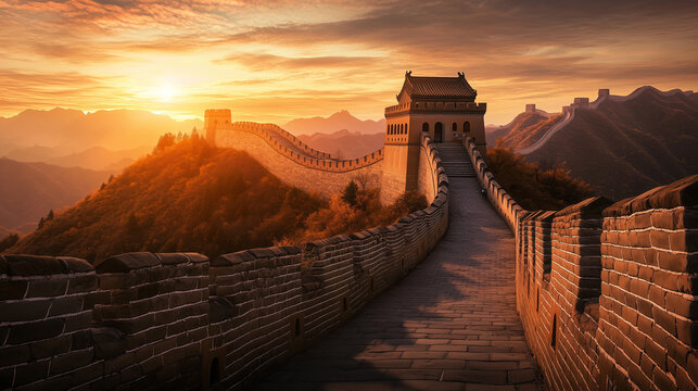 Golden Hour on The Great Wall: The Great Wall of China stretches majestically across a mountainous landscape, bathed in the warm glow of the setting sun, evoking a sense of history, resilience.