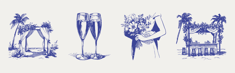 Obraz premium Tropical wedding bar champagne bouquet set. Illustrations for invitations and menus, sketch pencil style with crisp blue hatching.