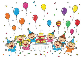 Flat style vector illustration of children celebrating birthday party in kids drawing style with balloons, cake, and confetti, showing joyful emotions and festive childhood moments © Amie