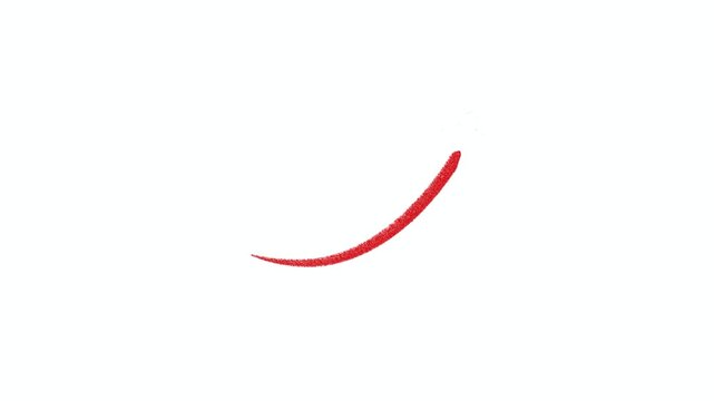 Animated hand drawn red curved arrow doodle draw on white background. Sketch crayon style direction pointer motion graphic for social media and video.