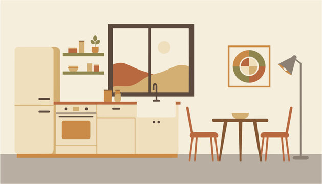 Modern kitchen interior with dining area and scenic window view