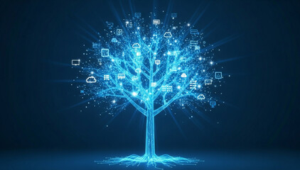 A glowing blue tree with digital icons and symbols floating around it in a dark background © Background  Photo
