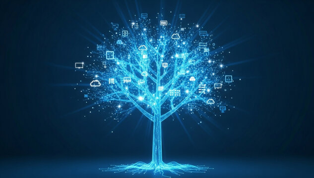 A glowing blue tree with digital icons and symbols floating around it in a dark background