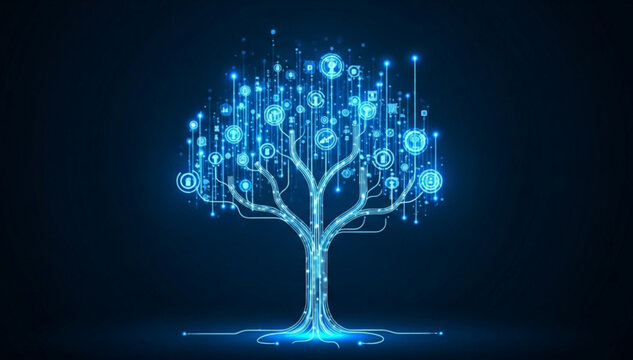 A glowing blue tree with cryptocurrency symbols and lines on a dark background