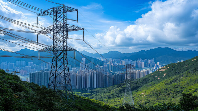 Power Line Vista: A sweeping view showcases a towering power line stretching across a landscape, the cables connecting civilization with both the majestic nature and the bustling city.