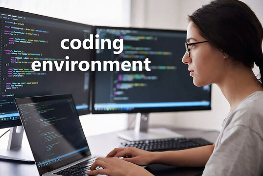 A woman is coding at a computer in a dark environment.