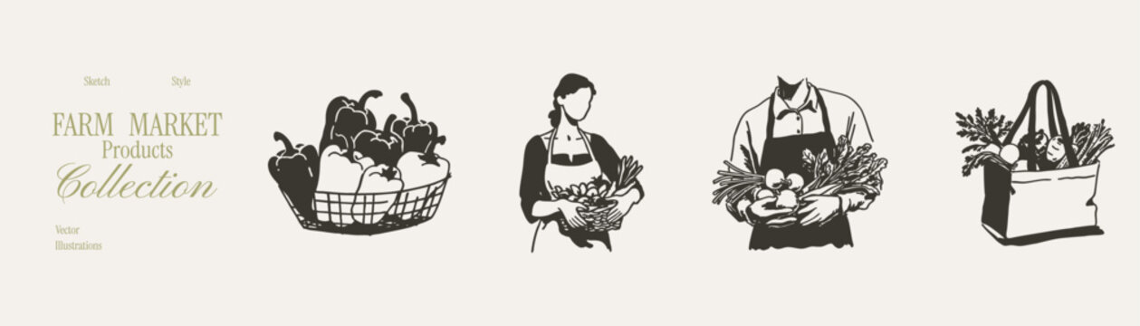Farm market seller and vegetable basket sketches. Illustrations for organic grocery branding and harvest posters. Hand drawn pencil style with rough ink marks.