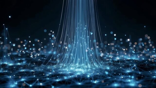 Abstract blue fiber optic data streams converging on a digital network grid background. High-tech concept design for cloud computing, big data transmission, IoT, and AI visual projects.