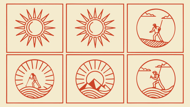 Vintage style sun and nature symbols with human figures in circular frames
