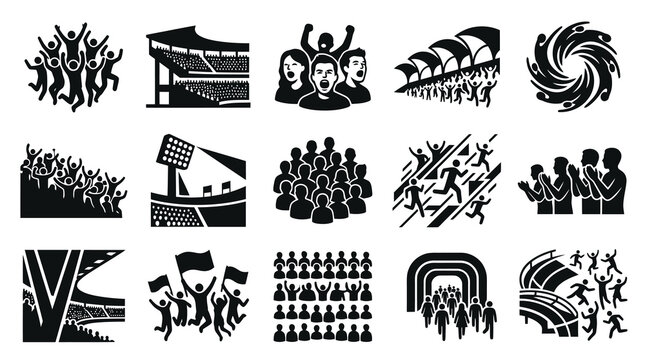 Black  White Glyph Icons of Sports Fans, Cheering Crowds, and Stadiums for Events