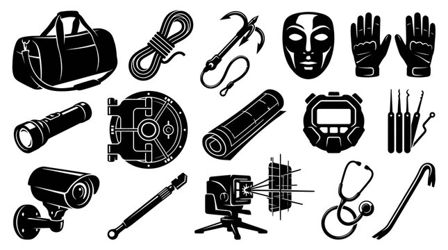 Black and White Icons of Security and Crime-Fighting Equipment