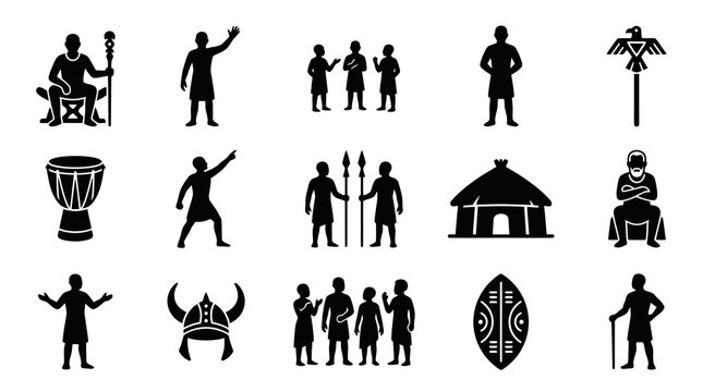 African Tribal Icons Set - People, Hut, Drum, Shield, Spear, Culture