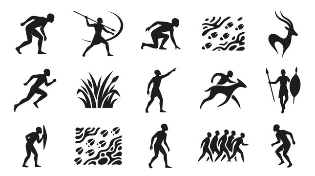 Ancient Man Hunting, Running, Spear, Shield, Deer, Grass, Primitive Art Style