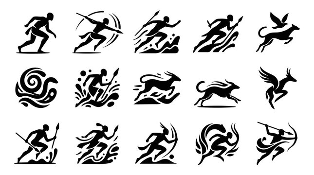 Ancient Sports  Hunting Glyph Icons: Dynamic Athletes, Hunters, and Wild Animals Silhouettes