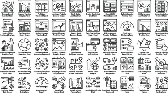 Financial analytics icon set featuring accounting reporting investment tracking profit analysis dashboards and modern outline vector business symbols collection