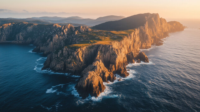 Coastal Majesty: The rugged coastline, kissed by the warm glow of the setting sun, unfolds in a breathtaking panorama. Majestic cliffs meet the dynamic embrace of the ocean.
