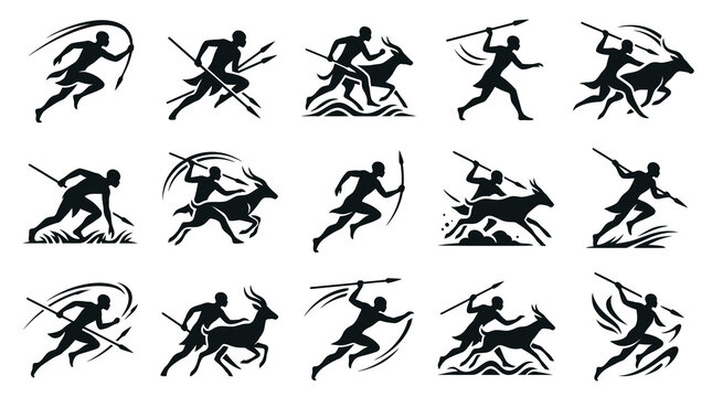 Ancient Hunter and Prey Silhouette Icons, Black  White Glyph Art