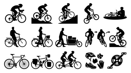 Naklejka premium Cycling Bicycles and Cyclists Black Silhouettes Icons Collection - Sports, Transportation Outdoor