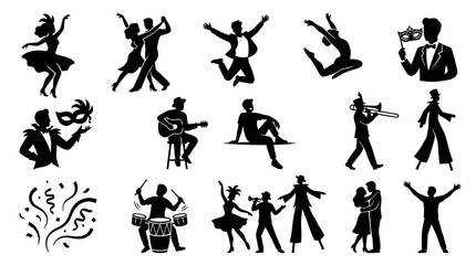Naklejka premium Black White Celebration Entertainment Party People Silhouettes Vector Icons Set