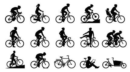 Fototapeta premium Black and White Silhouettes of Diverse Cyclists and Bicycles on White Background