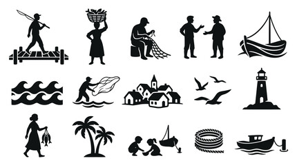 Naklejka premium Nautical Scene Icons: Fishermen, Boats, Lighthouse, Sea Life, Village, Rope
