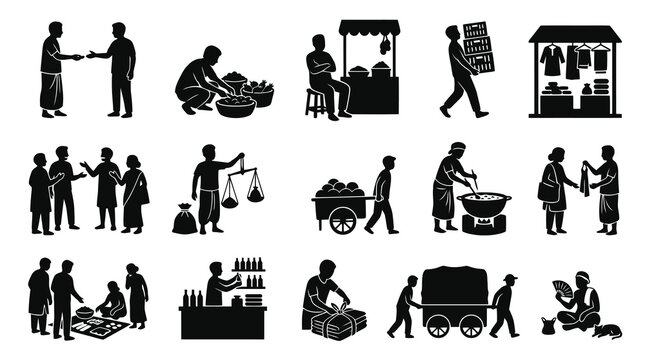 Indian market scene, people selling and buying goods, glyph art
